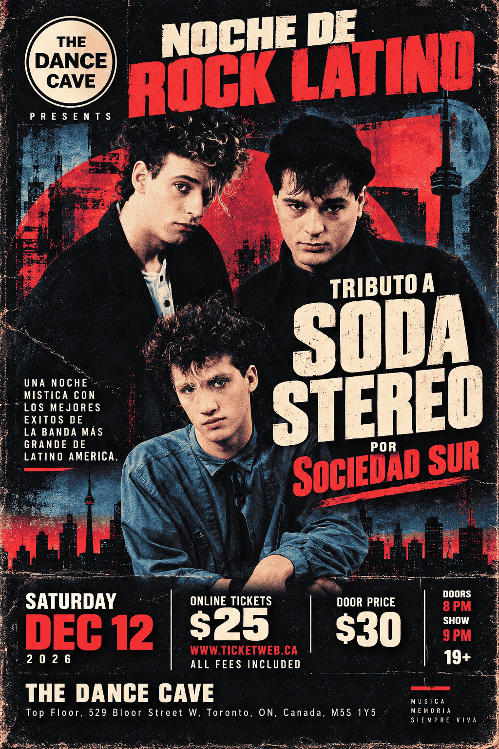 Official event poster for SODA STEREO TRIBUTE – Performed by Sociedad Sur